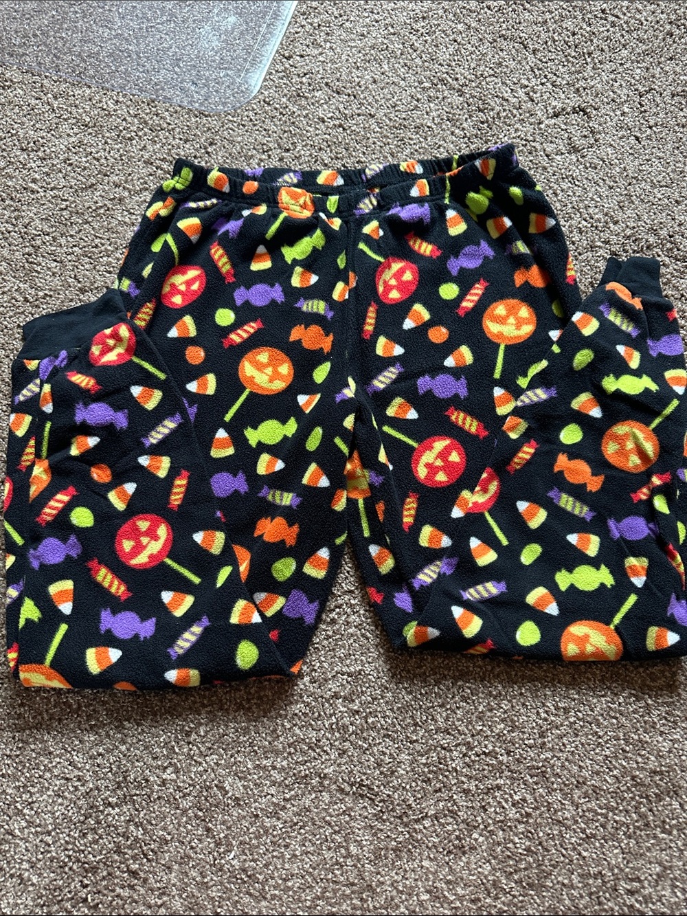 Black Halloween Candy Fleece Pants with Orange & Purple Accents, Size L